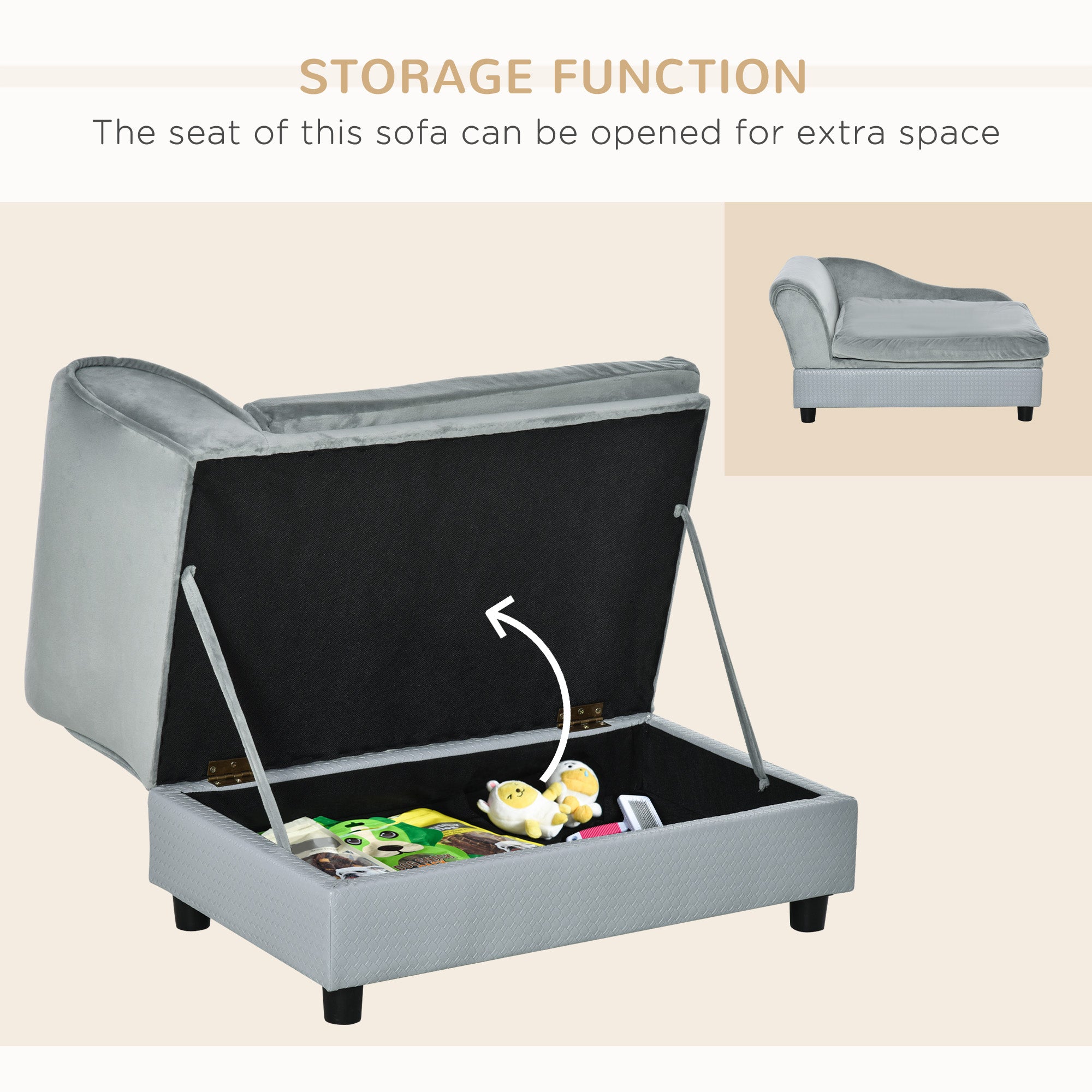 Luxury Dog Bed For Small Dogs, Hidden Storage, Soft Foam Couch, Modern Pet Furniture, Gray